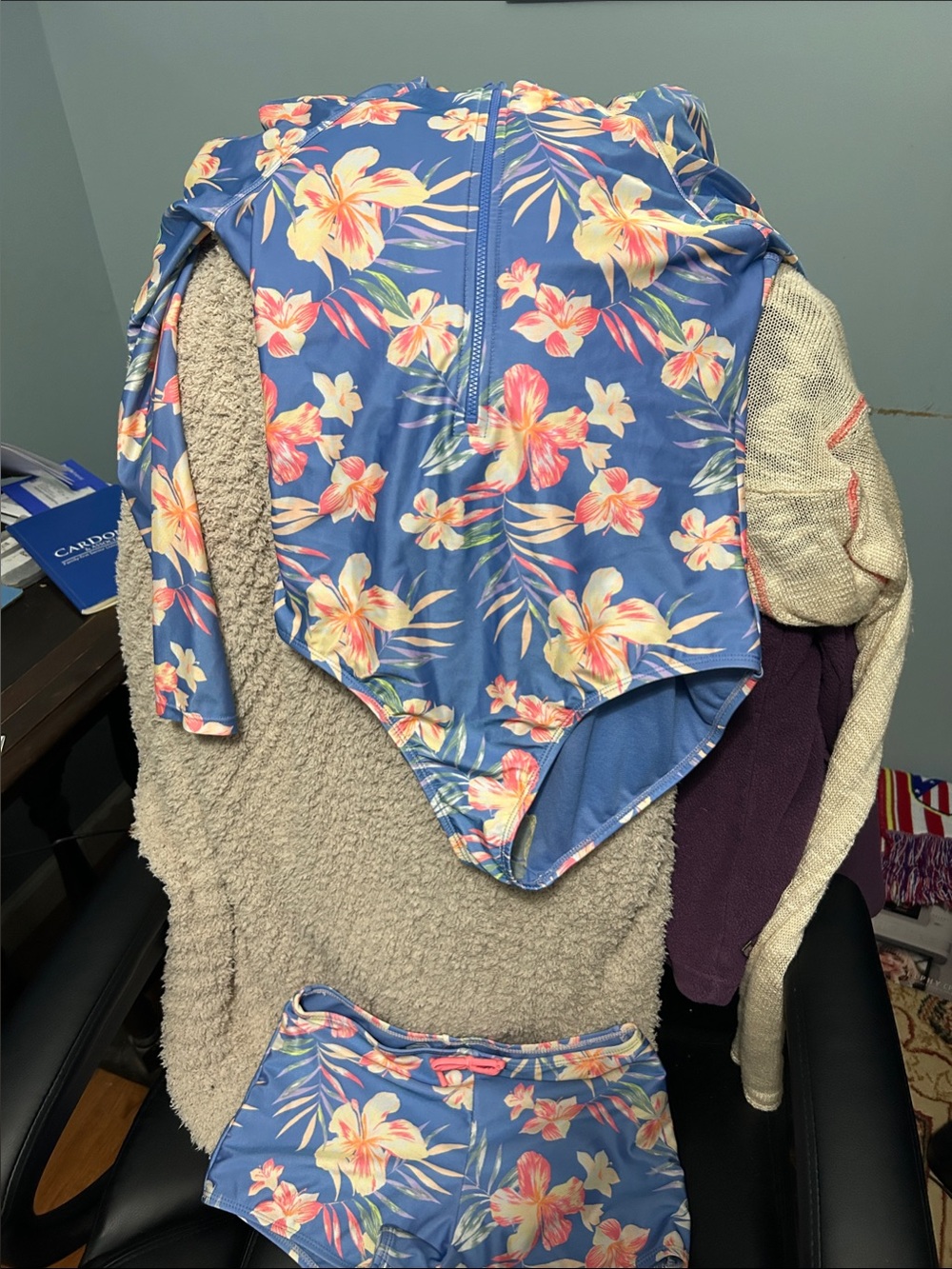 wonder nation Blue Floral Swim Set with Pink and Yellow Hibiscus